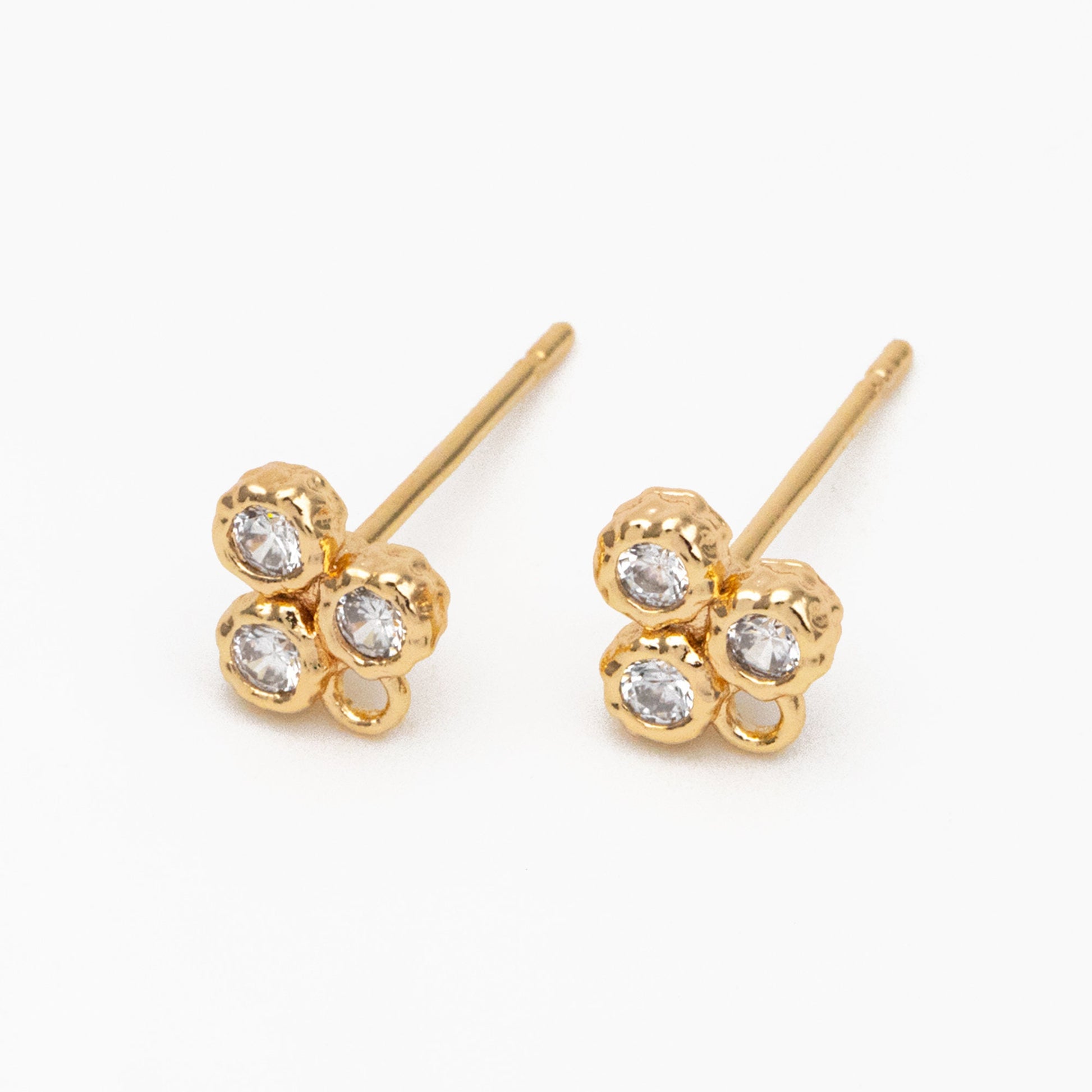4pcs CZ Pave Three Dot Trio Stud Earring with Loop, Gold Plated Brass, Tiny Trinity Dainty Stud Earring (GB-3851)