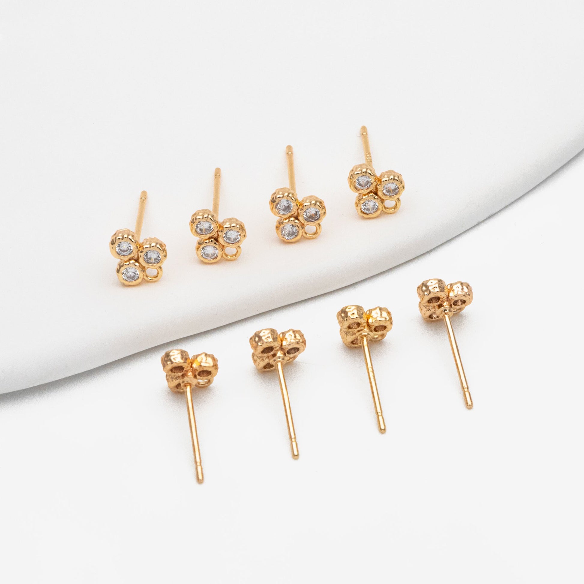 4pcs CZ Pave Three Dot Trio Stud Earring with Loop, Gold Plated Brass, Tiny Trinity Dainty Stud Earring (GB-3851)