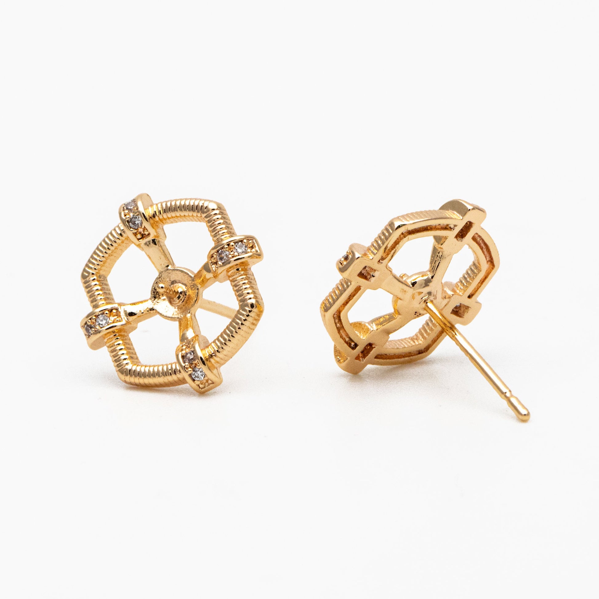 4pcs CZ Pave Gold Earring Posts, Dainty Geometric Stud Earrings, Pearl Peg Earring Mounts, Half Drilled Pearl Earring Settings (#GB-3853)