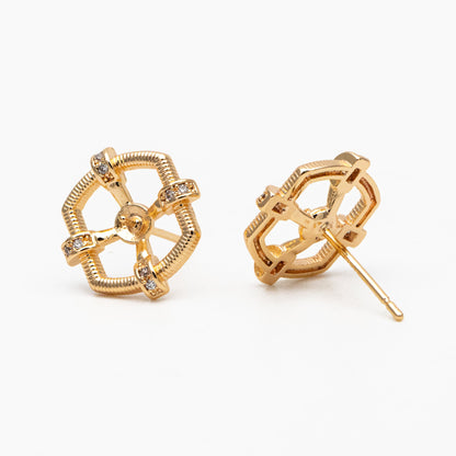 4pcs CZ Pave Gold Earring Posts, Dainty Geometric Stud Earrings, Pearl Peg Earring Mounts, Half Drilled Pearl Earring Settings (#GB-3853)