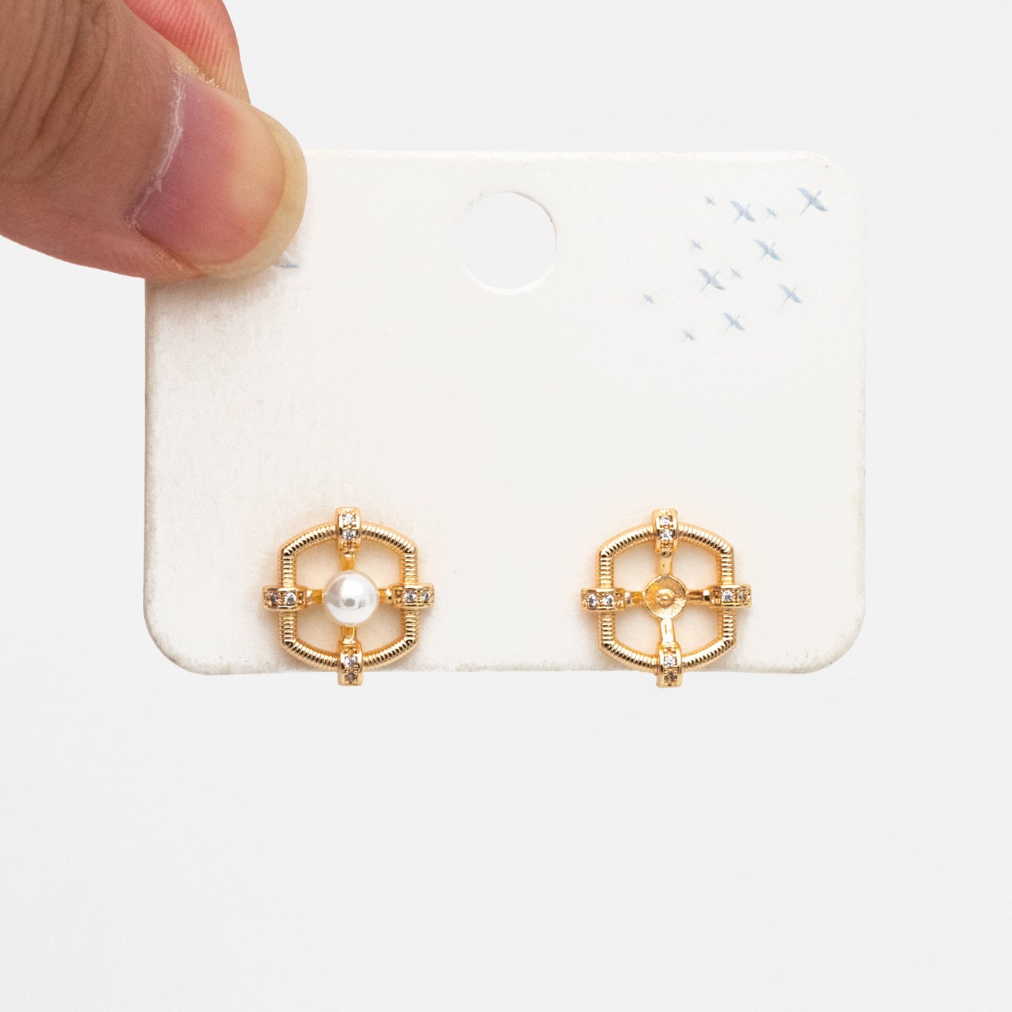 4pcs CZ Pave Gold Earring Posts, Dainty Geometric Stud Earrings, Pearl Peg Earring Mounts, Half Drilled Pearl Earring Settings (#GB-3853)