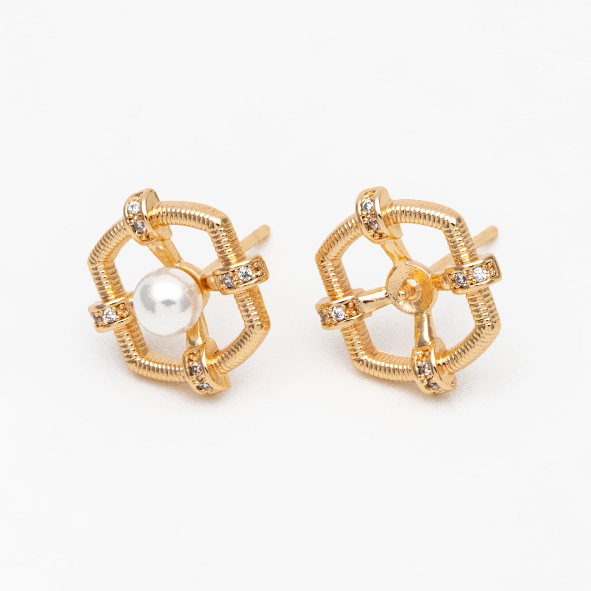 4pcs CZ Pave Gold Earring Posts, Dainty Geometric Stud Earrings, Pearl Peg Earring Mounts, Half Drilled Pearl Earring Settings (#GB-3853)