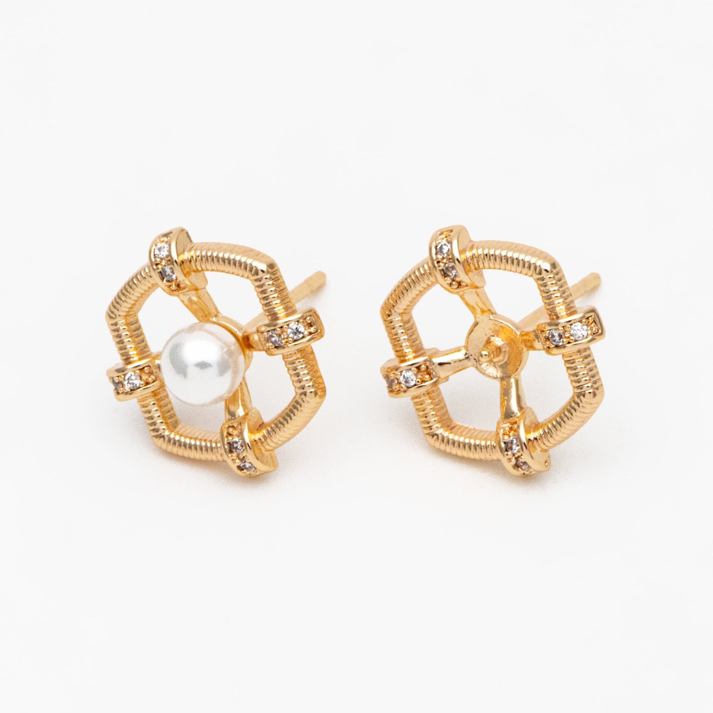 4pcs CZ Pave Gold Earring Posts, Dainty Geometric Stud Earrings, Pearl Peg Earring Mounts, Half Drilled Pearl Earring Settings (#GB-3853)