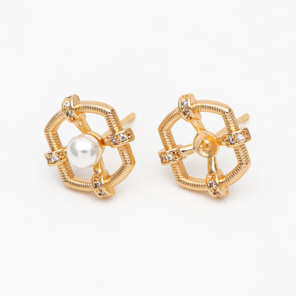 4pcs CZ Pave Gold Earring Posts, Dainty Geometric Stud Earrings, Pearl Peg Earring Mounts, Half Drilled Pearl Earring Settings (#GB-3853)