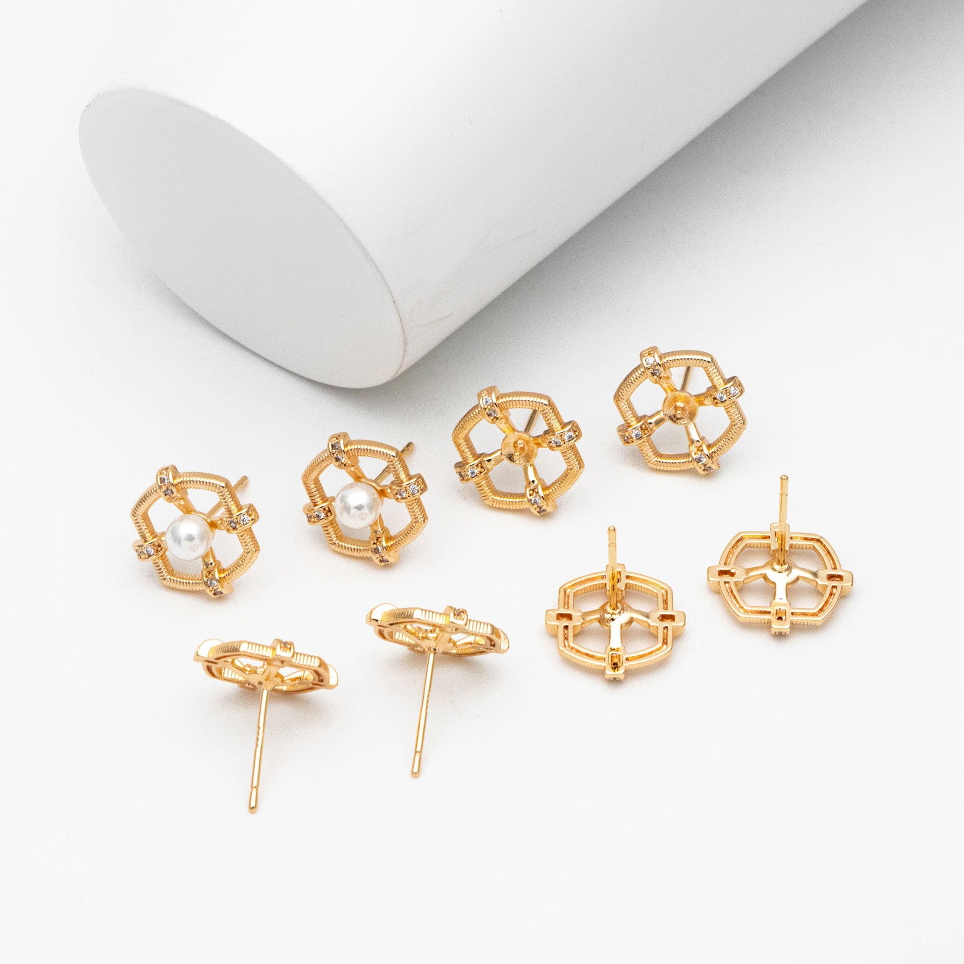 4pcs CZ Pave Gold Earring Posts, Dainty Geometric Stud Earrings, Pearl Peg Earring Mounts, Half Drilled Pearl Earring Settings (#GB-3853)