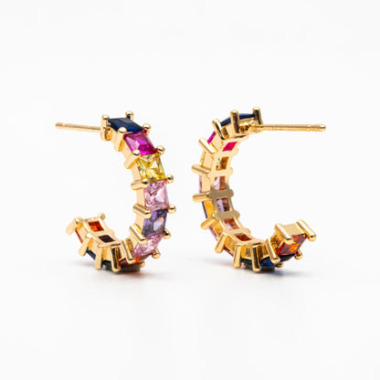 4pcs Gold Colourful CZ Pave Earring Hooks 18mm, 18K Gold plated Brass Earwires (GB-1384)