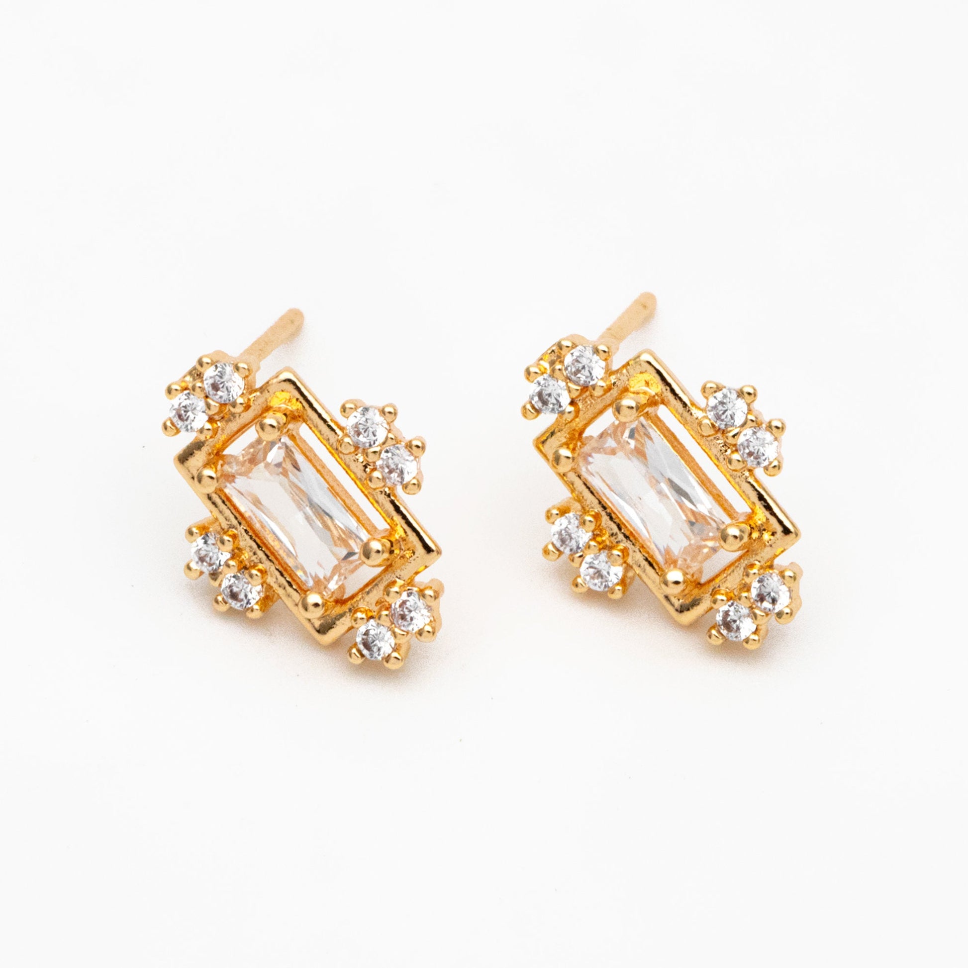 4pcs CZ Pave Rectangle Earring Studs, 18K Gold plated Brass Ear Posts, Geometric Earring Findings (#GB-3827)