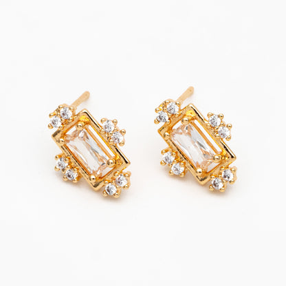 4pcs CZ Pave Rectangle Earring Studs, 18K Gold plated Brass Ear Posts, Geometric Earring Findings (#GB-3827)