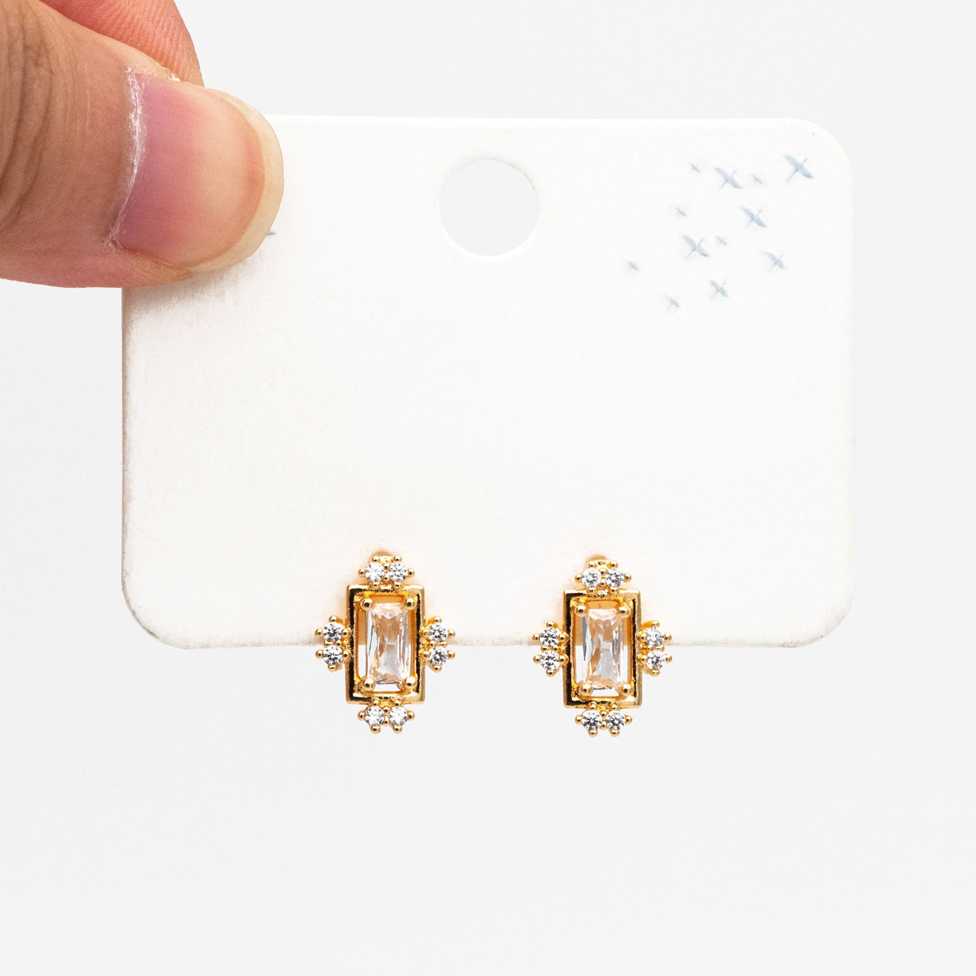 4pcs CZ Pave Rectangle Earring Studs, 18K Gold plated Brass Ear Posts, Geometric Earring Findings (#GB-3827)