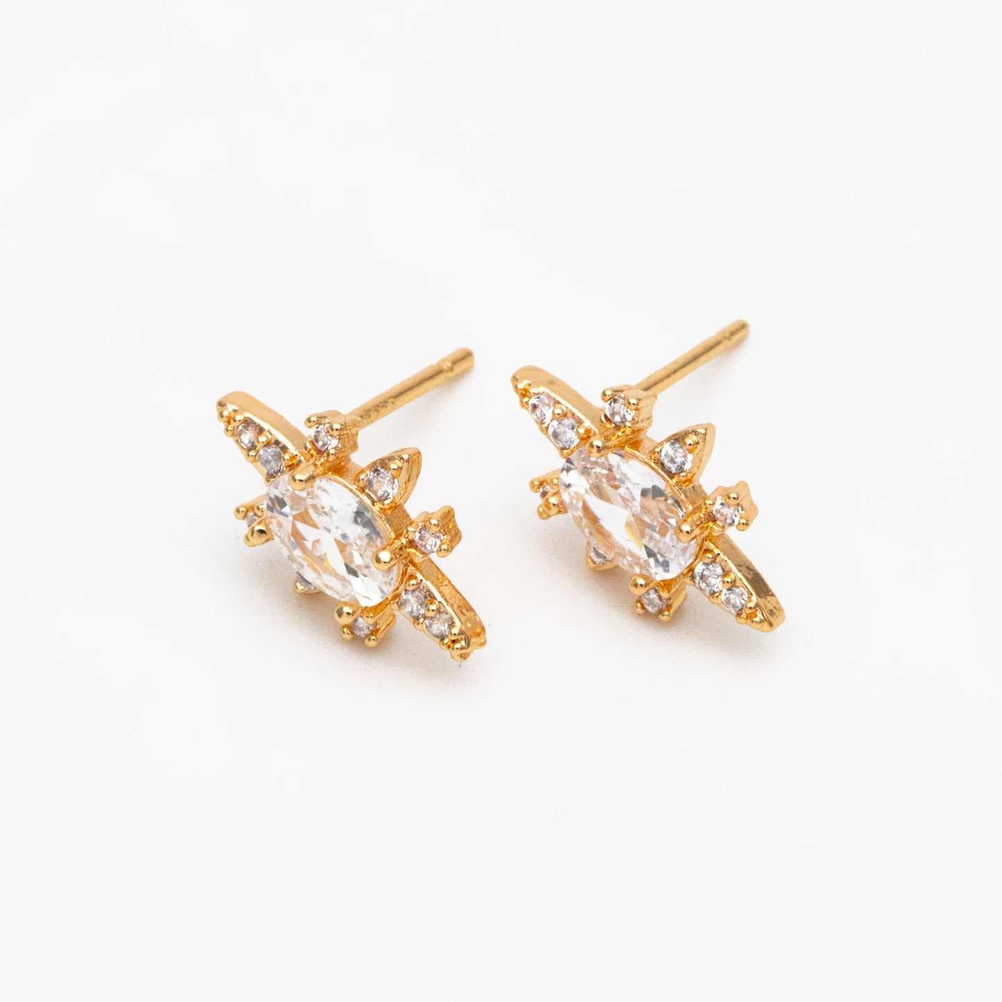 4pcs CZ Pave Gold Oval Ear Posts, Gold Plated Brass, Dainty Stud Earrings, DIY Earring Findings (#GB-3829)