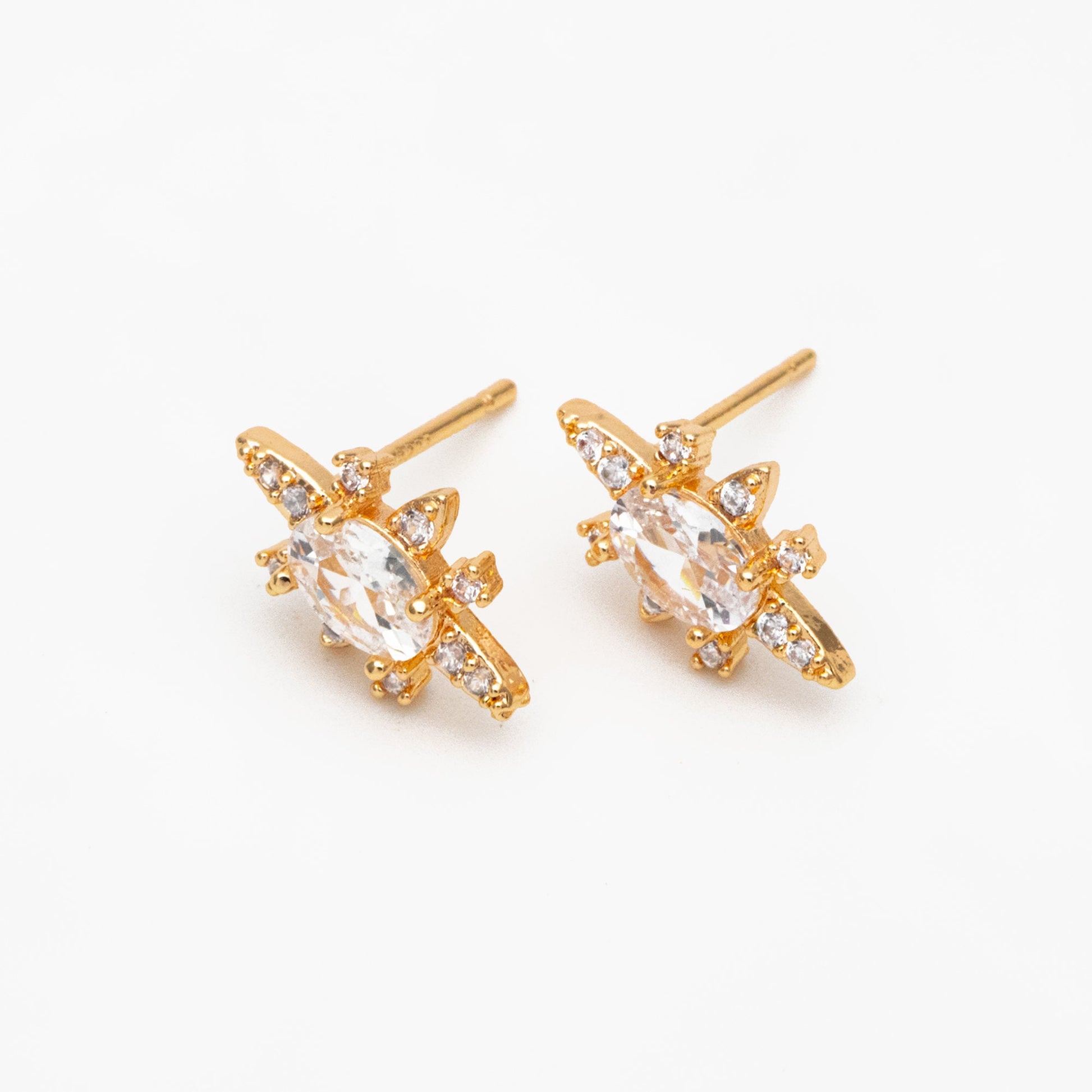 4pcs CZ Pave Gold Oval Ear Posts, Gold Plated Brass, Dainty Stud Earrings, DIY Earring Findings (#GB-3829)