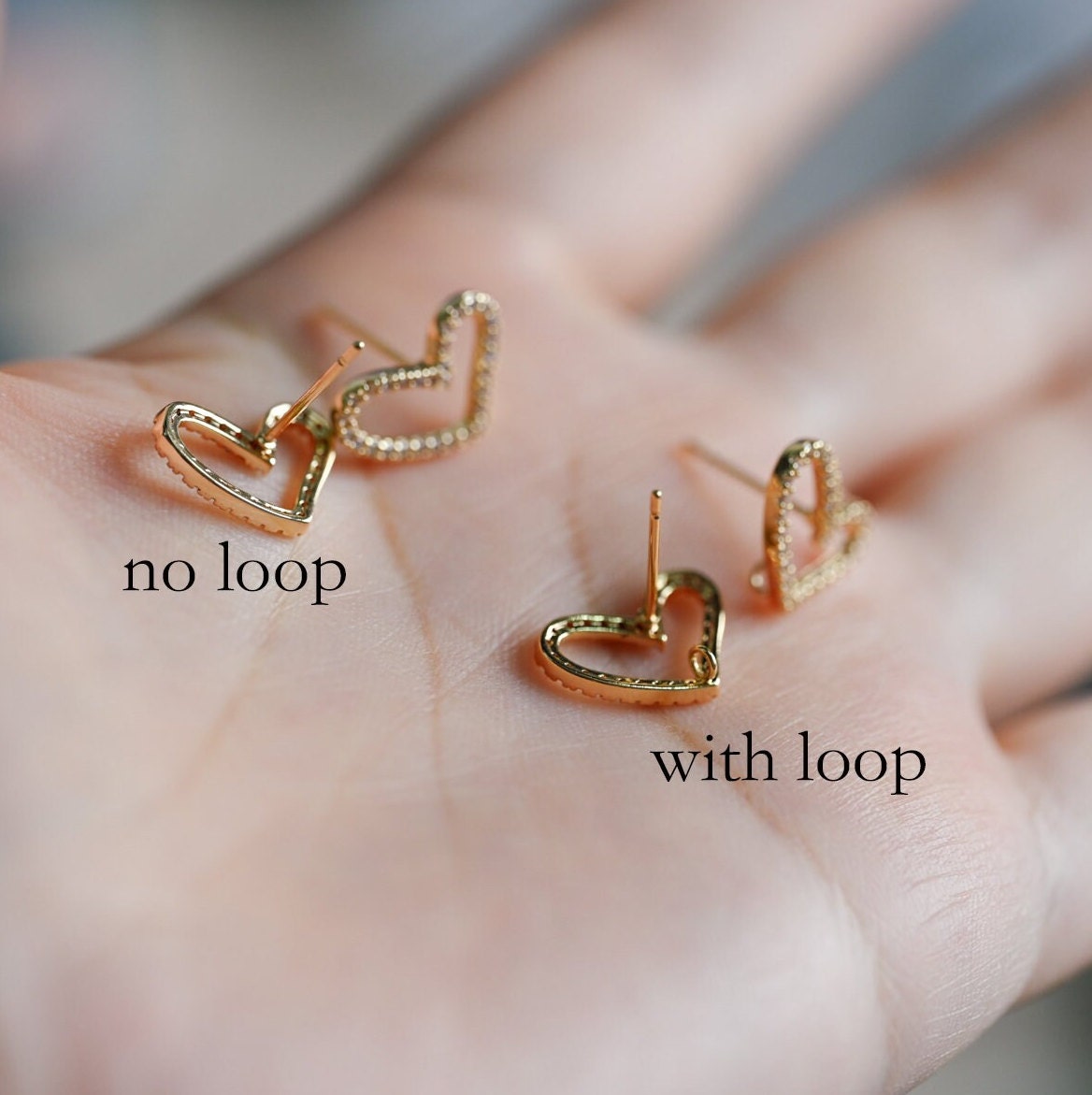 4pcs CZ Pave Heart Earring with Loop, Gold Plated Brass Stud Earrings, Jewelry Findings, Wholesale Supplies (GB-2986)