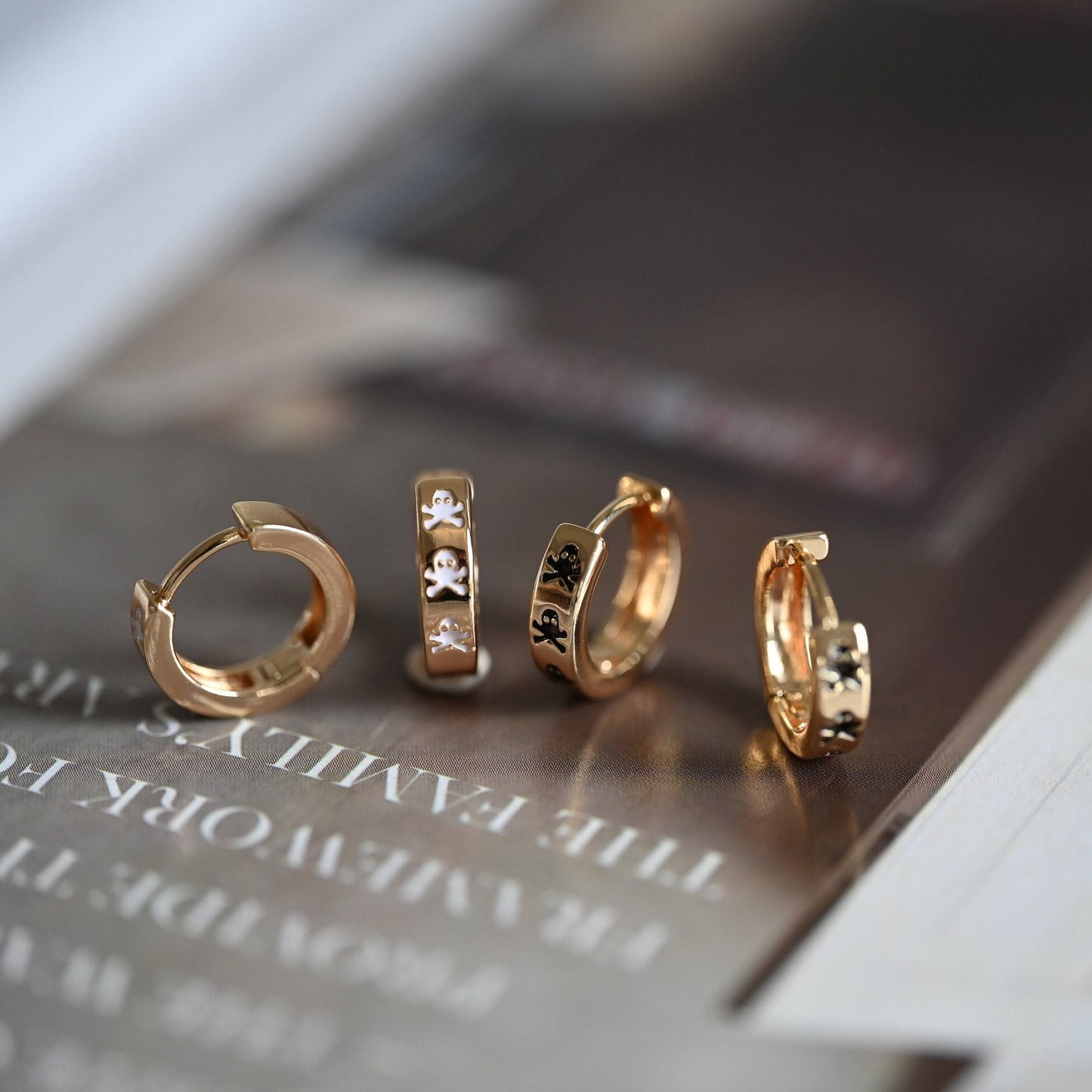 4pcs Gold Enamel Skull Hoop Earrings: 18K Gold Plated Brass Huggies (GB-3717-D)