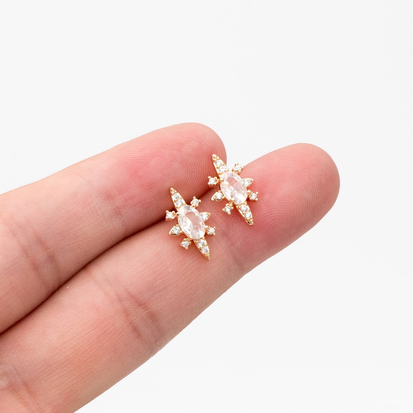4pcs CZ Pave Gold Oval Ear Posts, Gold Plated Brass, Dainty Stud Earrings, DIY Earring Findings (#GB-3633-B)
