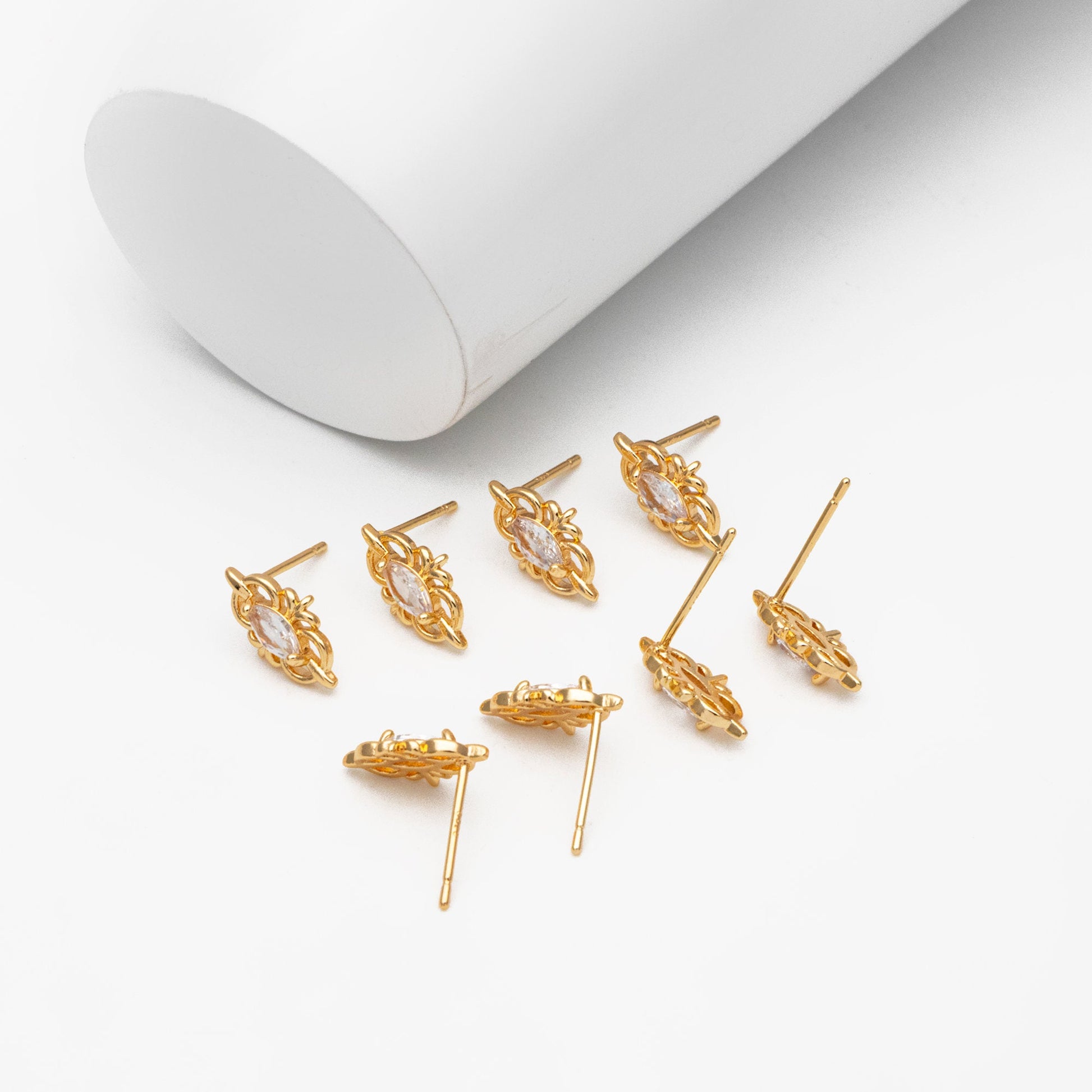10pcs CZ Pave Dainty Marquise Stud Earrings, 18K Gold Plated Brass, Cubic Zirconia Earrings (#GB-3830)