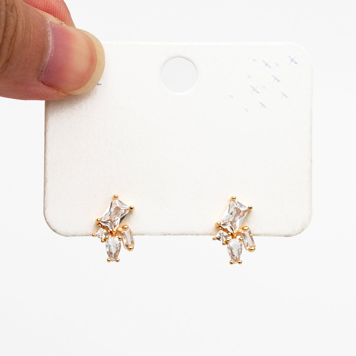 4pcs CZ Cluster Geometric Stud Earrings, 18K Gold Plated Brass, Cubic Zirconia Earrings (#GB-3633-C)