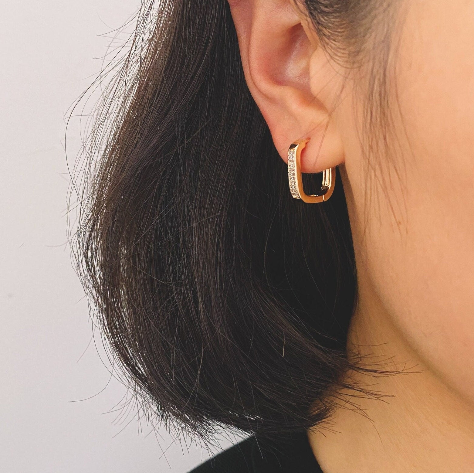 4pcs CZ Pave Gold Oval Hoop Earrings, Gold plated Brass, Dainty Geometric Earring Hoops (GB-3807)