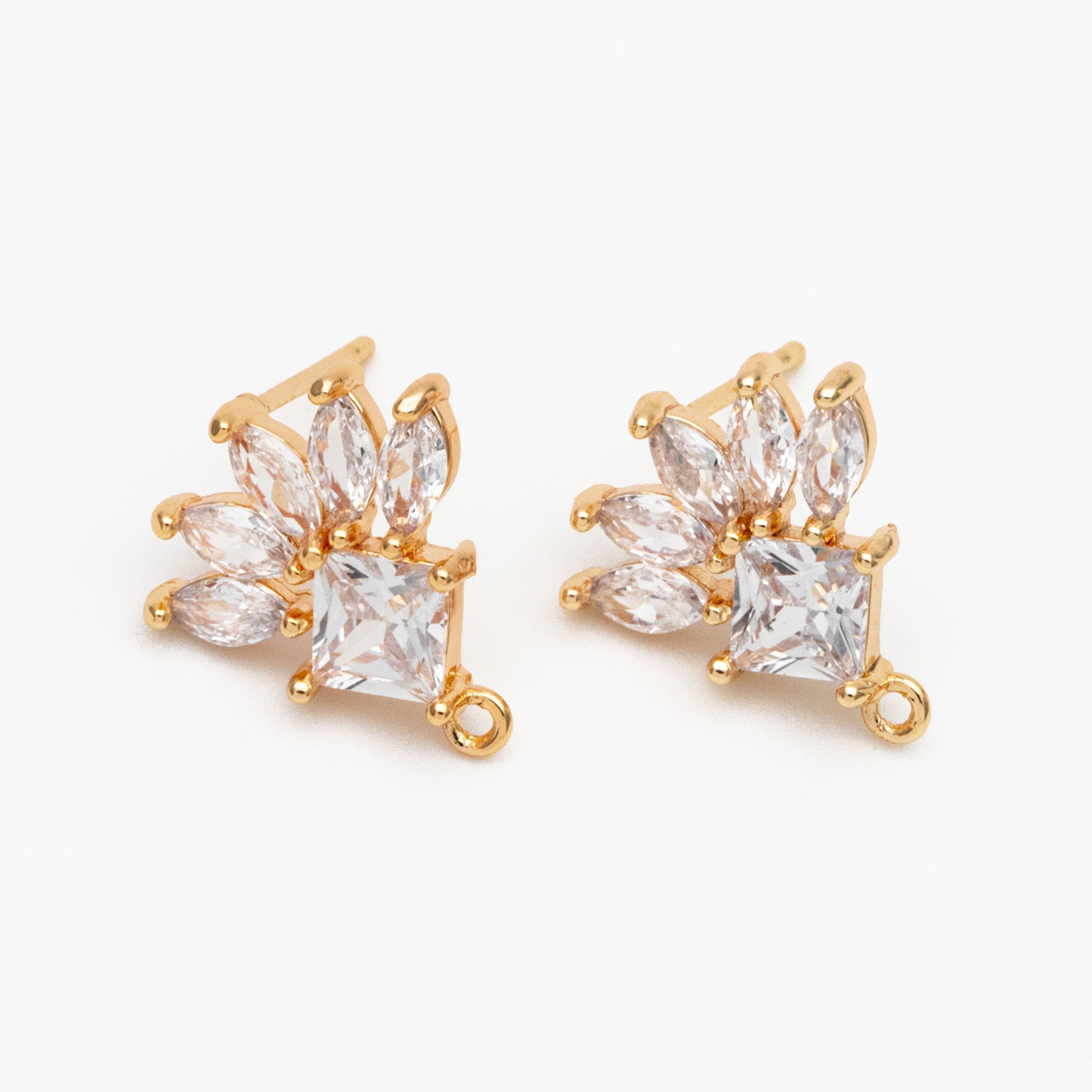 4pcs CZ Pave Rhombus Earrings with Loop, 18K Gold plated Brass Ear Posts, Geometric Earring Findings (#GB-3858)