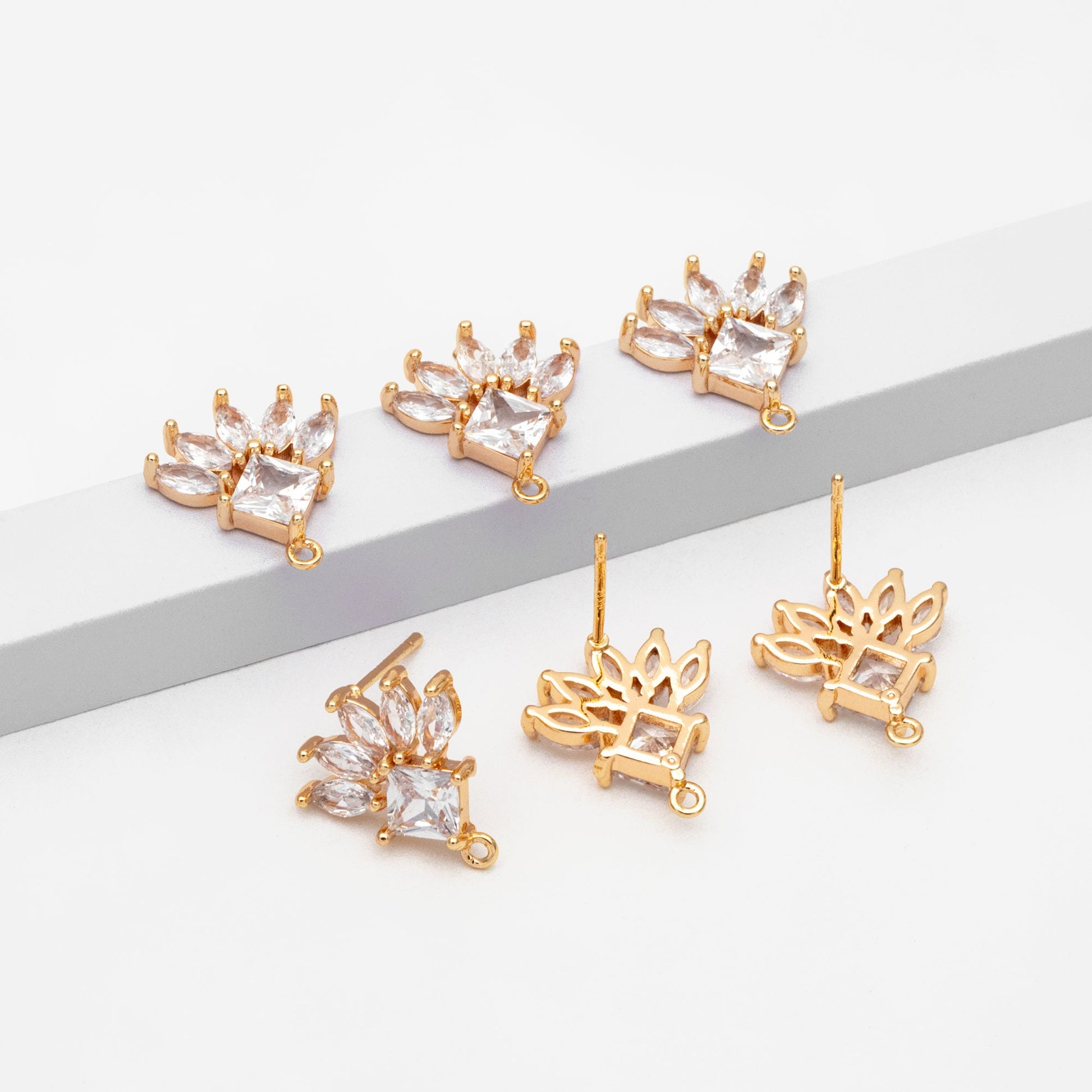 4pcs CZ Pave Rhombus Earrings with Loop, 18K Gold plated Brass Ear Posts, Geometric Earring Findings (#GB-3858)
