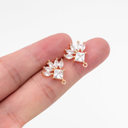 4pcs CZ Pave Rhombus Earrings with Loop, 18K Gold plated Brass Ear Posts, Geometric Earring Findings (#GB-3858)