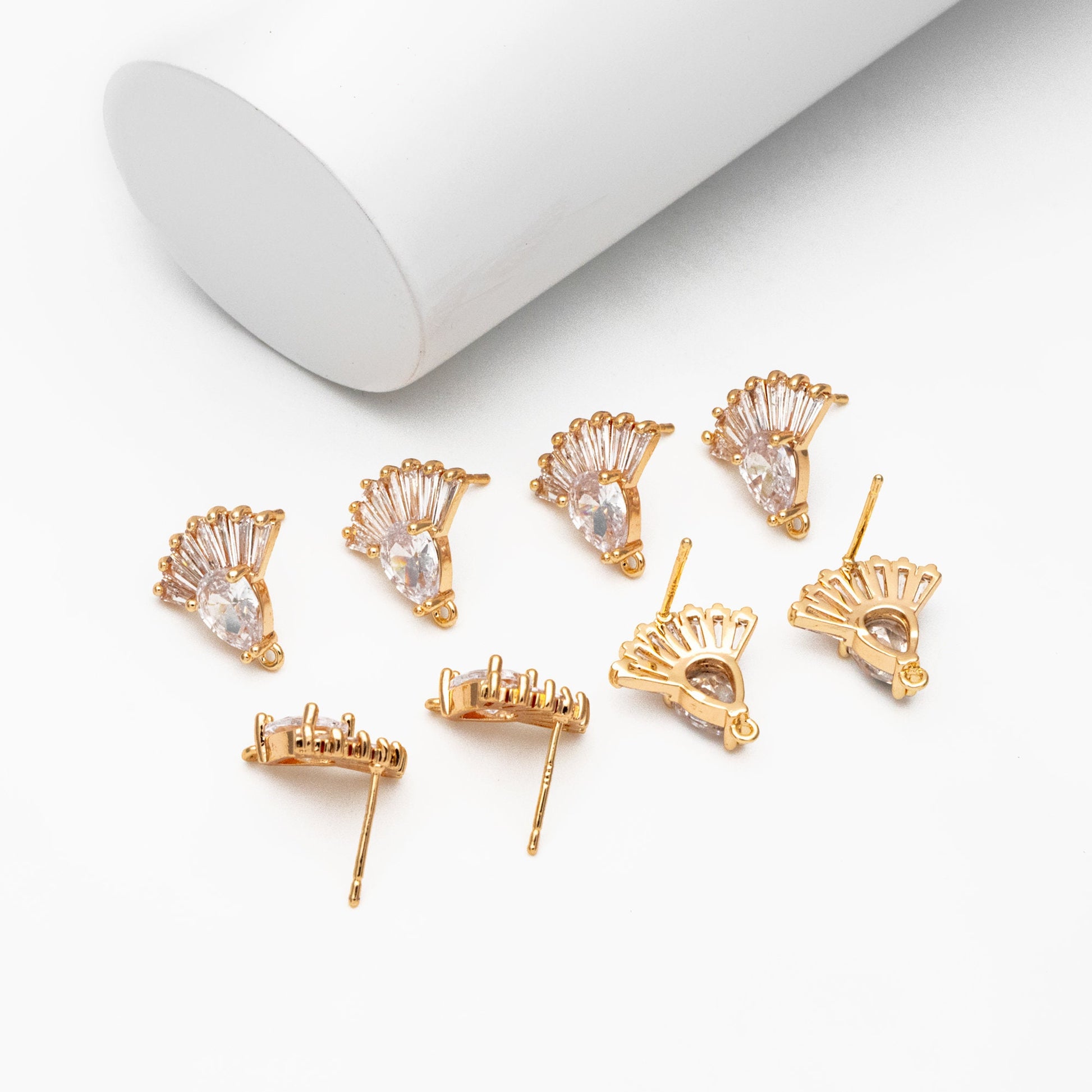 4pcs CZ Pave Gold Fan Shape Earring with Loop, Gold Plated Brass Fan Stud Earrings (#GB-3860)