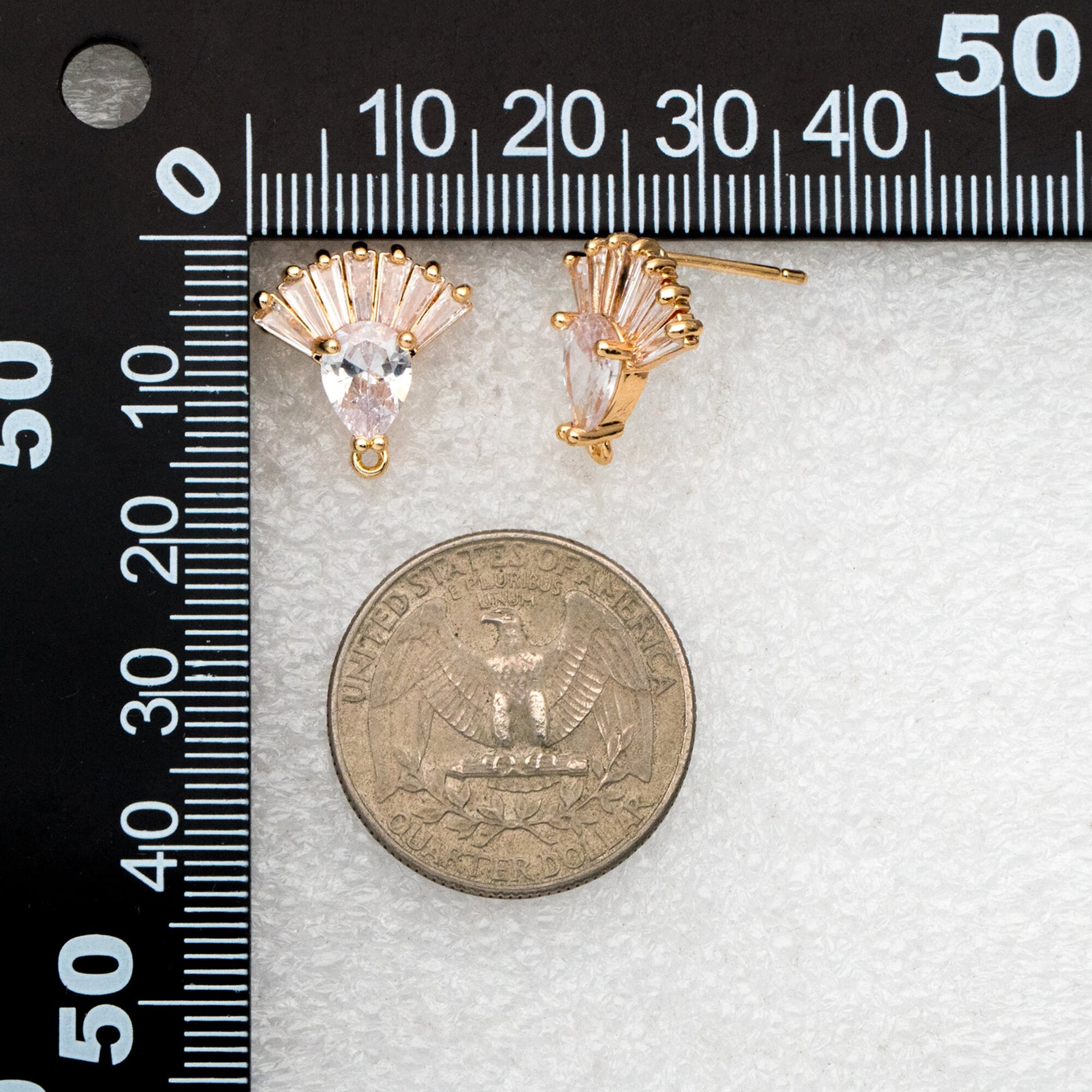 4pcs CZ Pave Gold Fan Shape Earring with Loop, Gold Plated Brass Fan Stud Earrings (#GB-3860)