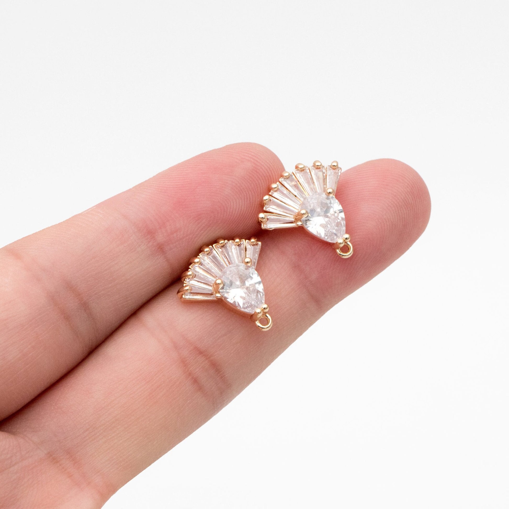 4pcs CZ Pave Gold Fan Shape Earring with Loop, Gold Plated Brass Fan Stud Earrings (#GB-3860)