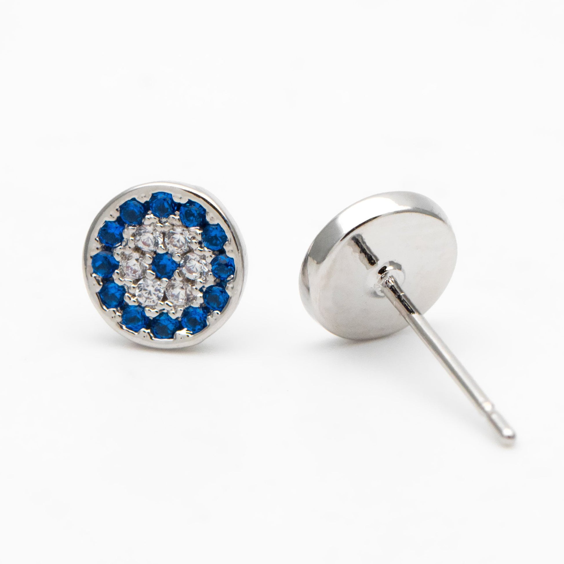 4pcs CZ Pave Round Evil Eye Earring Posts 7mm, Gold Plated Brass Stud Earrings (#GB-2930)