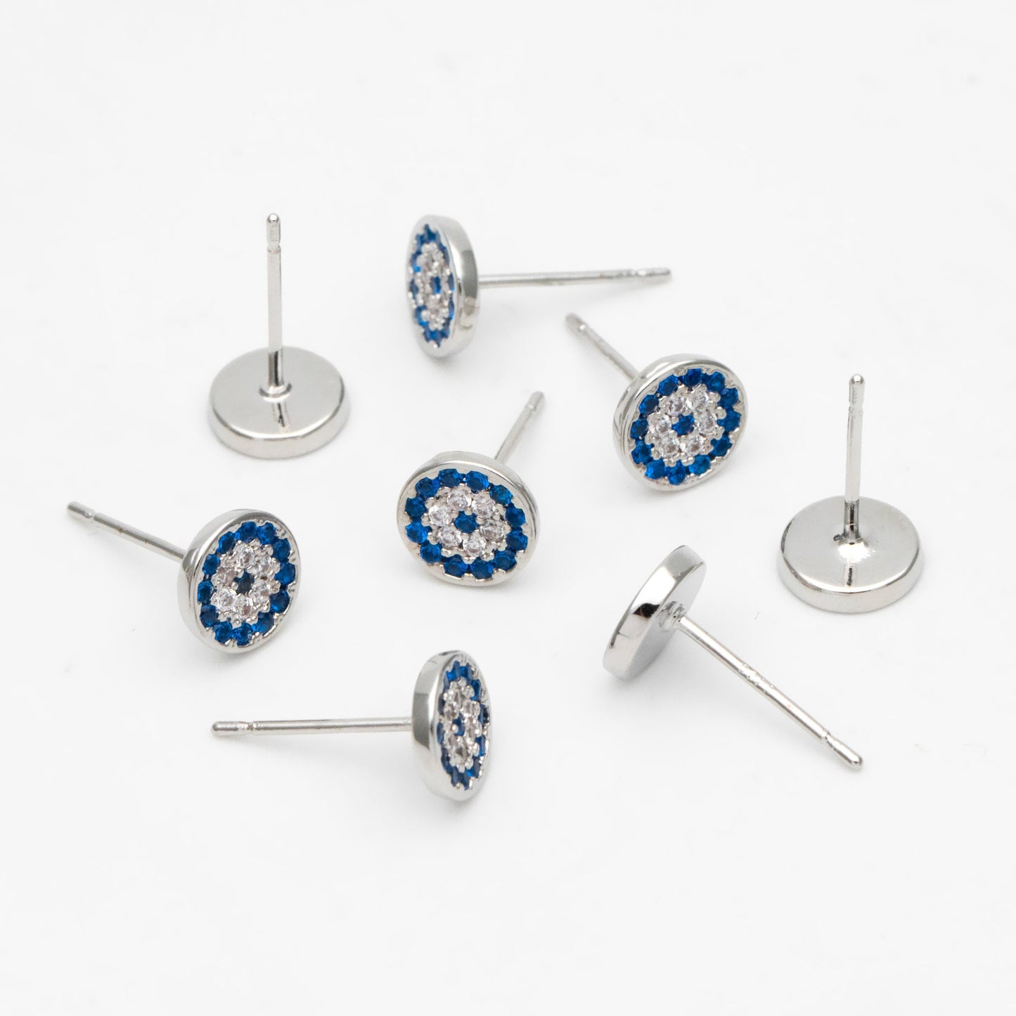 4pcs CZ Pave Round Evil Eye Earring Posts 7mm, Gold Plated Brass Stud Earrings (#GB-2930)