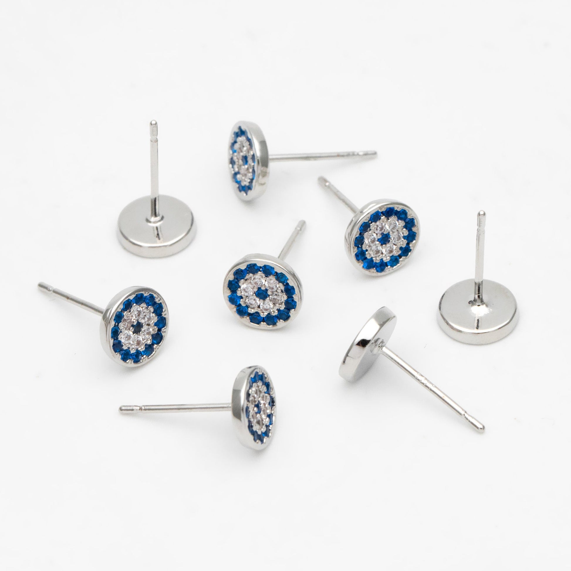 4pcs CZ Pave Round Evil Eye Earring Posts 7mm, Gold Plated Brass Stud Earrings (#GB-2930)