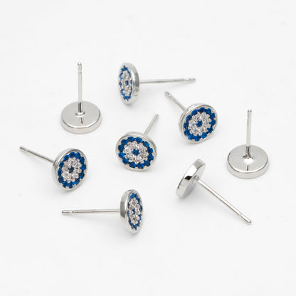 4pcs CZ Pave Round Evil Eye Earring Posts 7mm, Gold Plated Brass Stud Earrings (#GB-2930)