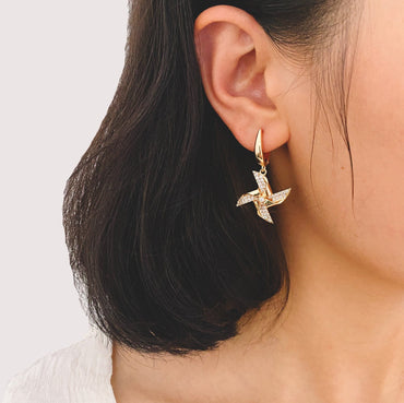 4pcs Gold Windmill Dangle Earrings: 18K Gold Plated Brass, CZ Pave Earring (ER-068)