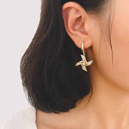4pcs Gold Windmill Dangle Earrings: 18K Gold Plated Brass, CZ Pave Earring (ER-068)