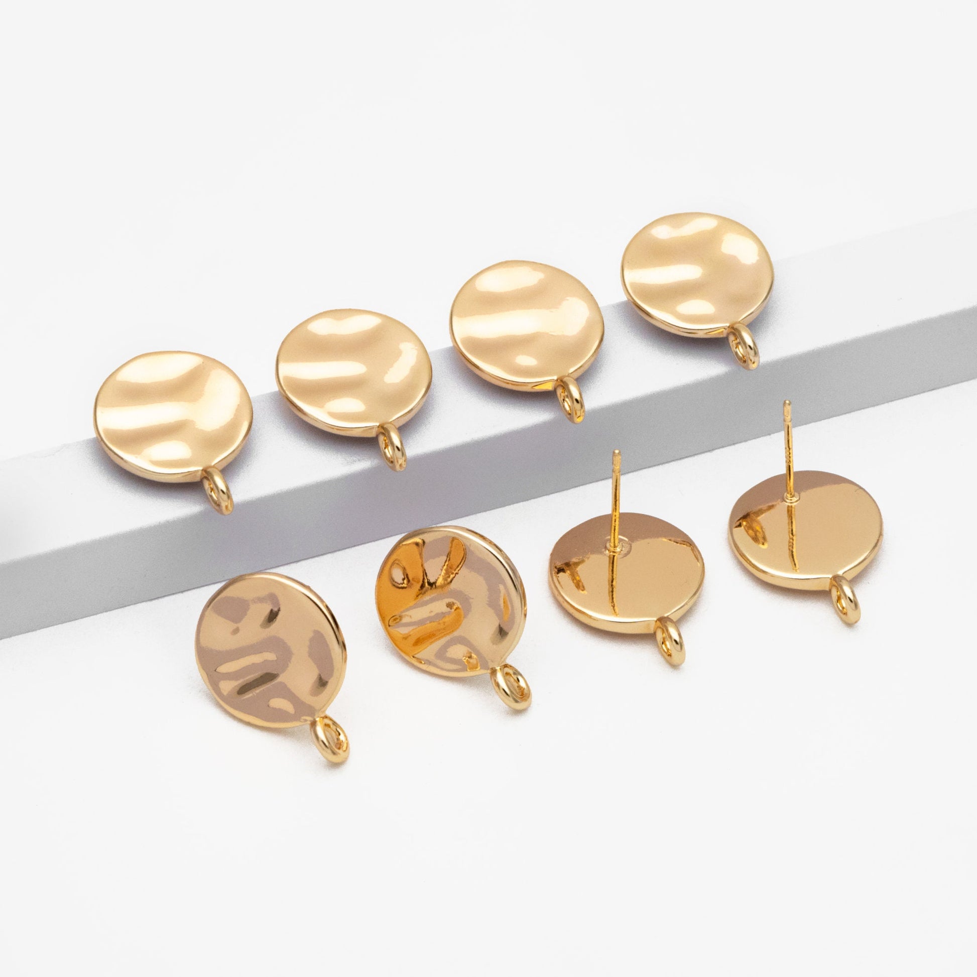 10pcs Gold Round Hammered Disc Ear Posts 13mm, 18K Gold plated Brass, Geometric Stud Earring Components (GB-3861)