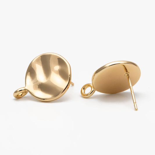 10pcs Gold Round Hammered Disc Ear Posts 13mm, 18K Gold plated Brass, Geometric Stud Earring Components (GB-3861)
