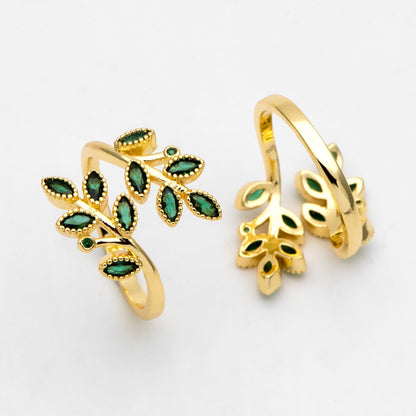 4pcs CZ Pave Gold Emerald Leaf Ring, Branch Ring, Dainty Rings, Adjustable Ring, Nature Ring (#GB-3246)