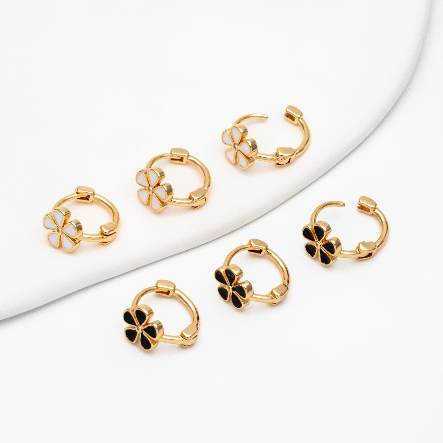 4pcs Gold Enamel Flower Hoop Earrings, 18K Gold plated Brass, Minimalist Huggie Earrings (GB-3843-C)