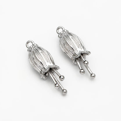 10pcs Gold/ Silver Flower Charms, 23x7mm,Real Gold/ Rhodium plated Brass, Floral Pendants (GB-1103)