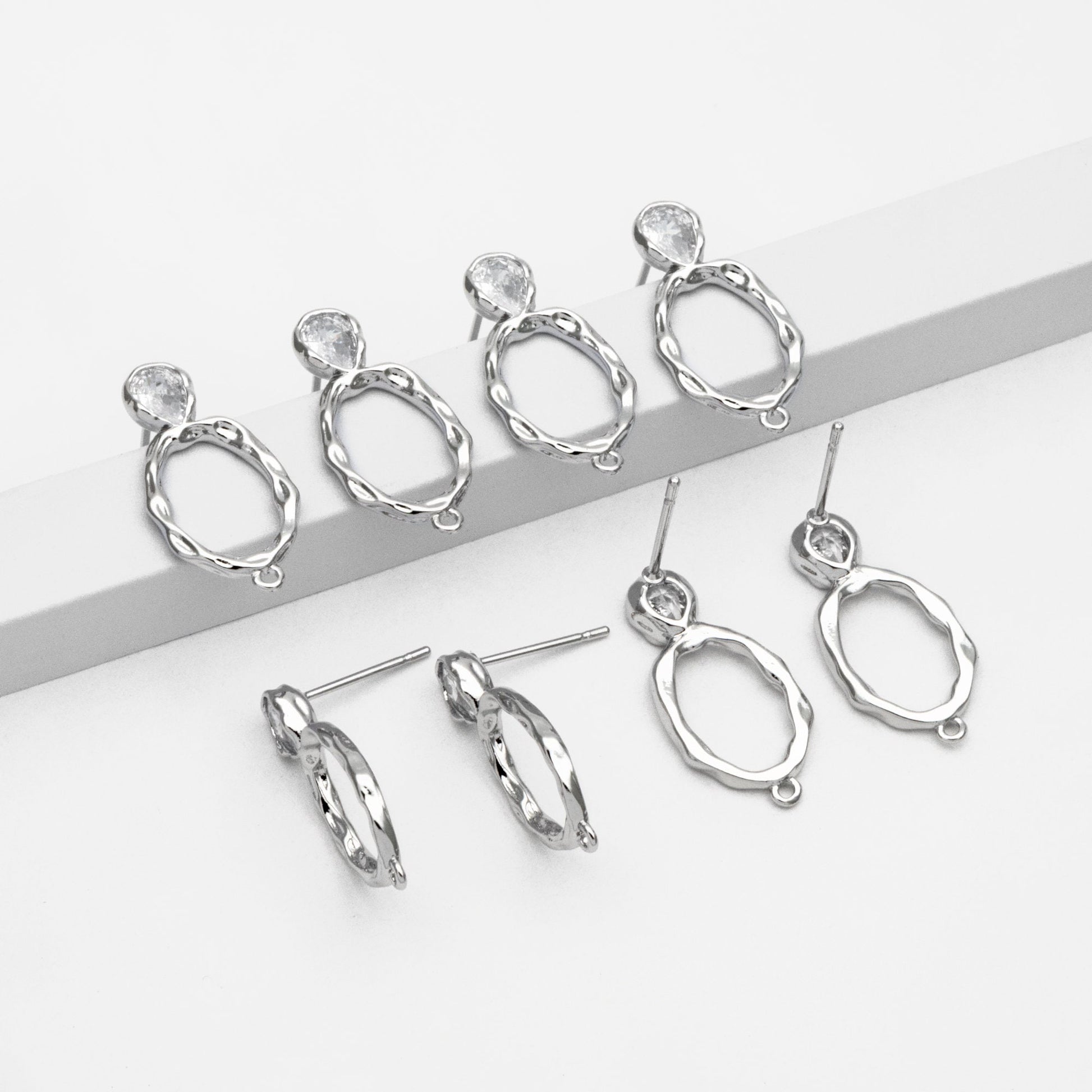 10pcs CZ pave Gold/ Silver Hammered Oval Ear Posts, Geometric Stud Earring, Jewelry Supply (GB-2702)