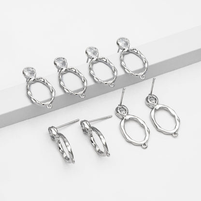 10pcs CZ pave Gold/ Silver Hammered Oval Ear Posts, Geometric Stud Earring, Jewelry Supply (GB-2702)