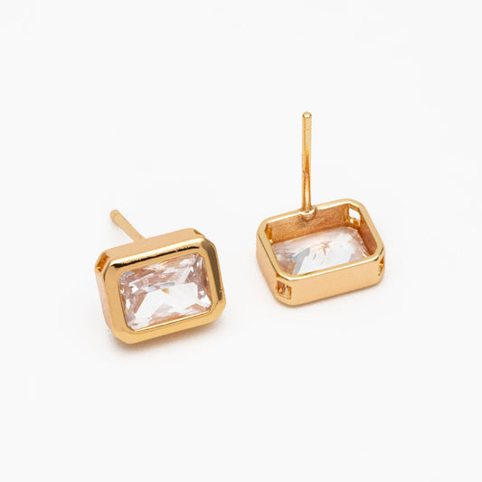 4pcs CZ Pave Rectangle Earring Studs, 18K Gold plated Brass Ear Posts, Geometric Earring Findings (#GB-3852)