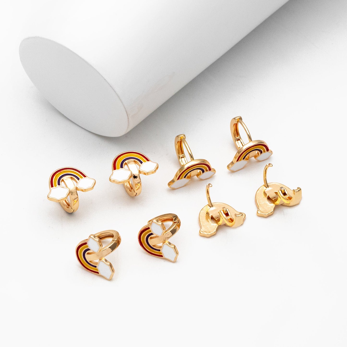 4pcs Gold Enamel Rainbow Cloud Hoop Earrings, 18K Gold plated Brass, Minimalist Huggie Earrings (GB-3855)