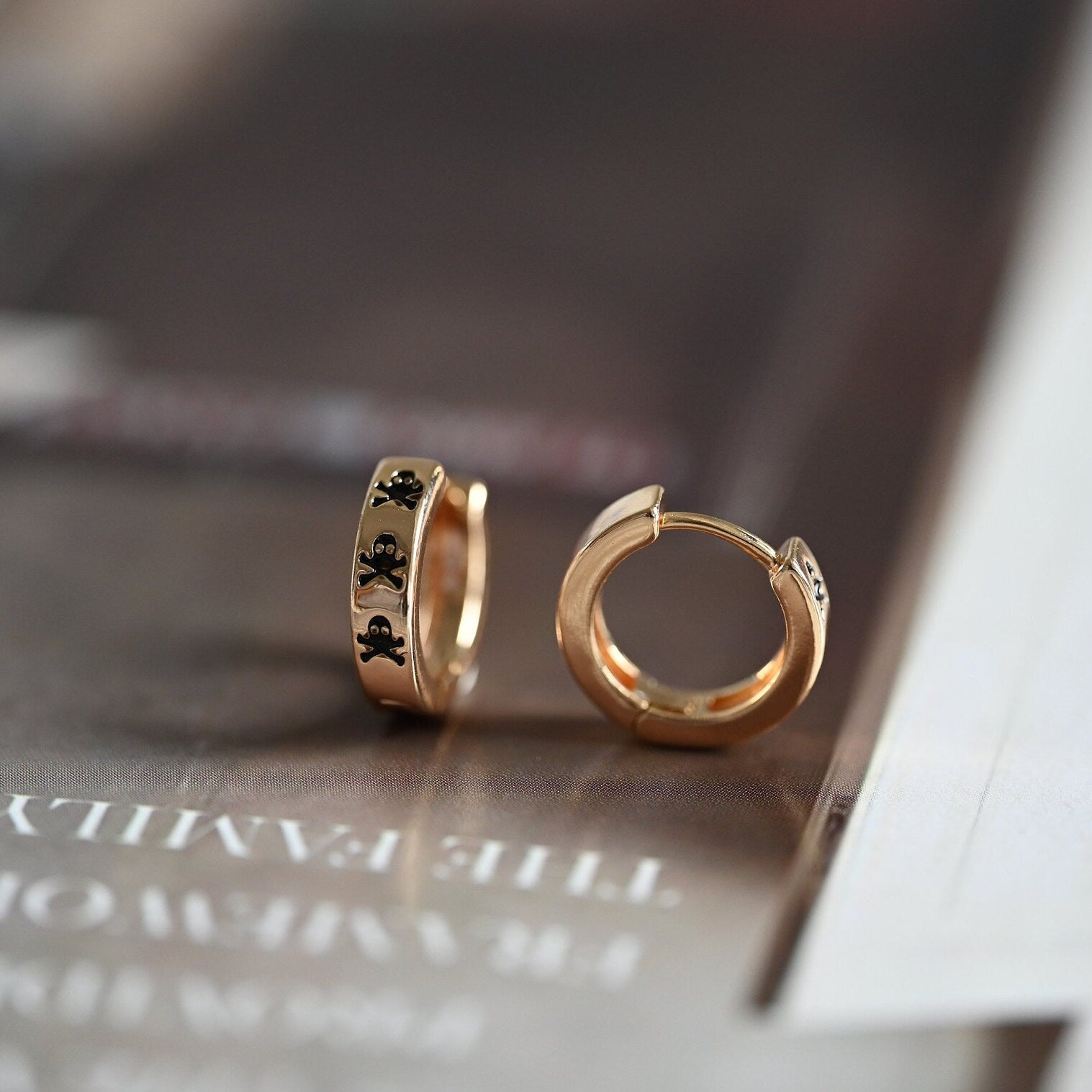 4pcs Gold Enamel Skull Hoop Earrings: 18K Gold Plated Brass Huggies (GB-3717-D)