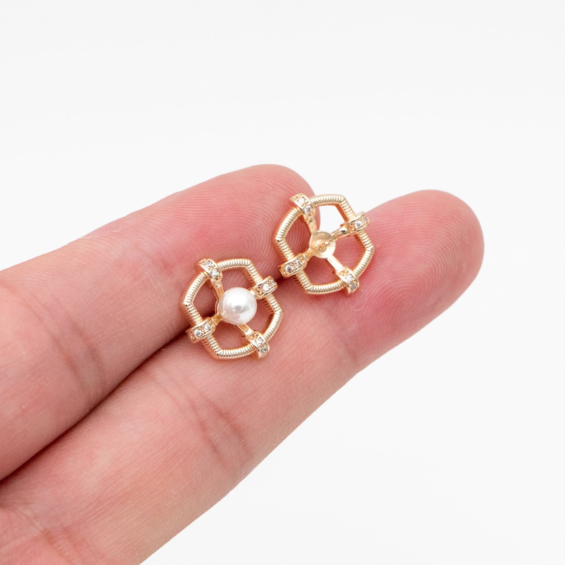 4pcs CZ Pave Gold Earring Posts, Dainty Geometric Stud Earrings, Pearl Peg Earring Mounts, Half Drilled Pearl Earring Settings (#GB-3853)