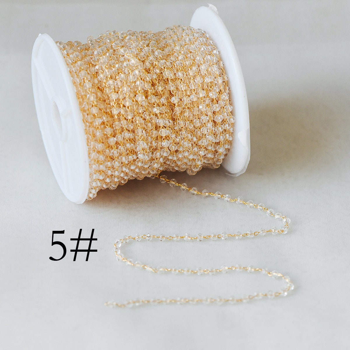 Gold Crystal Beaded Chain 3mm Thin, Gold plated Brass Chain with Glass Rondelle Beads, Color Not Easily Tarnish (#LK-180)/ 1 Meter=3.3 ft