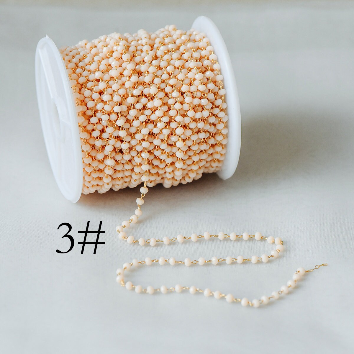 Gold Crystal Beaded Chain 3mm Thin, Gold plated Brass Chain with Glass Rondelle Beads, Color Not Easily Tarnish (#LK-180)/ 1 Meter=3.3 ft