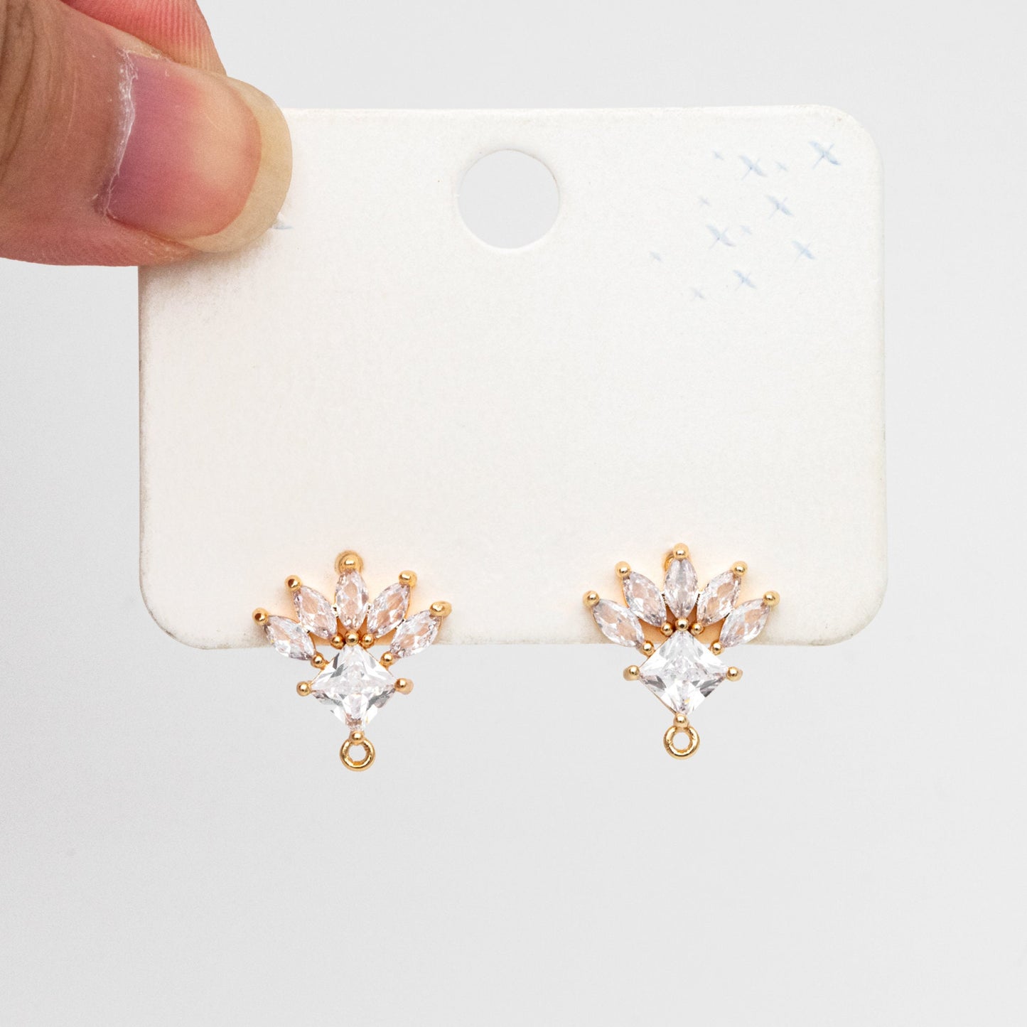 4pcs CZ Pave Rhombus Earrings with Loop, 18K Gold plated Brass Ear Posts, Geometric Earring Findings (#GB-3858)