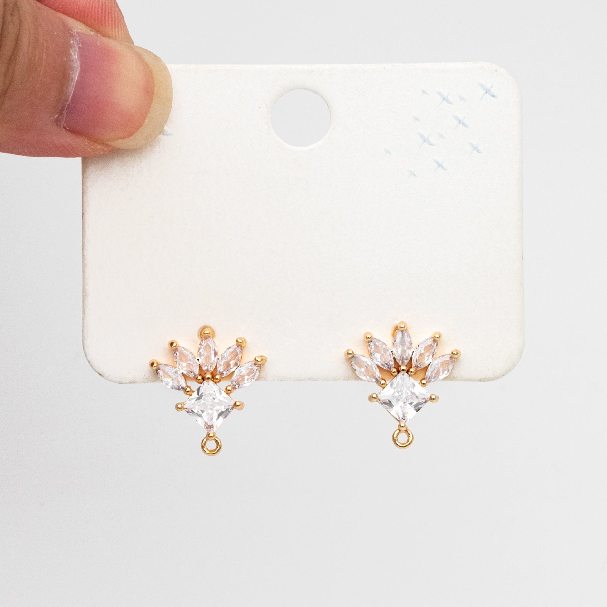 4pcs CZ Pave Rhombus Earrings with Loop, 18K Gold plated Brass Ear Posts, Geometric Earring Findings (#GB-3858)