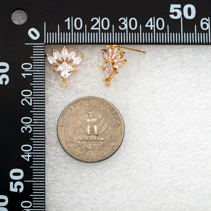 4pcs CZ Pave Rhombus Earrings with Loop, 18K Gold plated Brass Ear Posts, Geometric Earring Findings (#GB-3858)