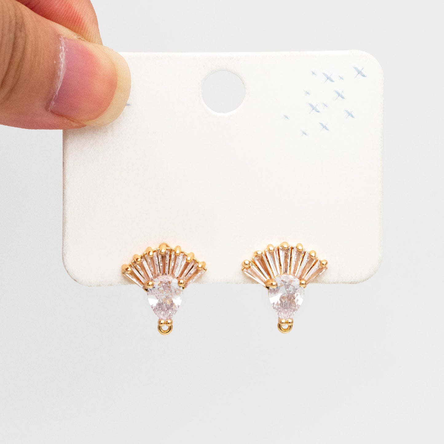 4pcs CZ Pave Gold Fan Shape Earring with Loop, Gold Plated Brass Fan Stud Earrings (#GB-3860)